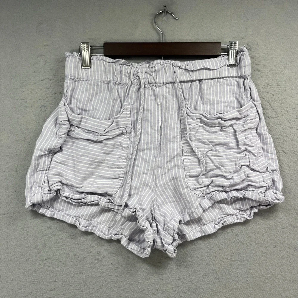 Madewell Shorts Women Medium Pull On Paperbag Waist Lavender White Striped Linen